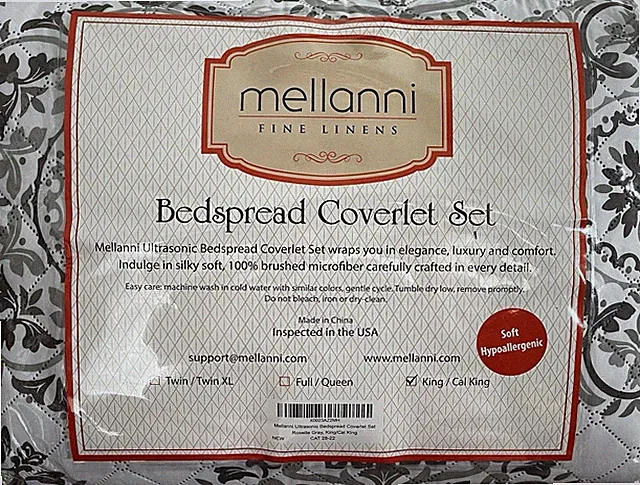 Mellanni Fine Lines 3-Piece Bedspread Coverlet Set King/Cal K Quilt & Shams. NIB
